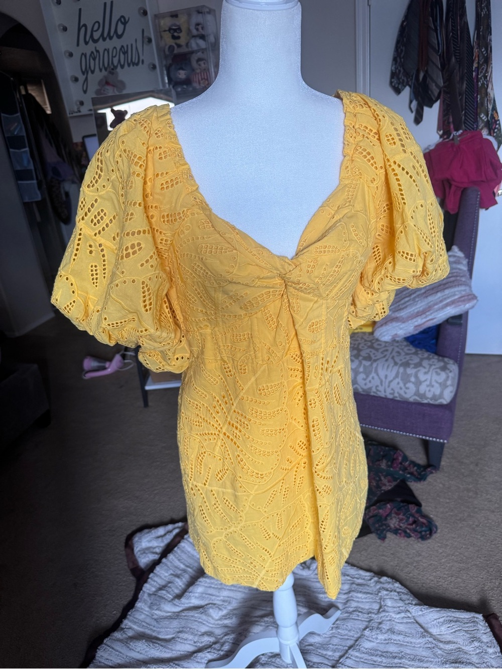 Farm Rio yellow Mostera eyelet mini dress